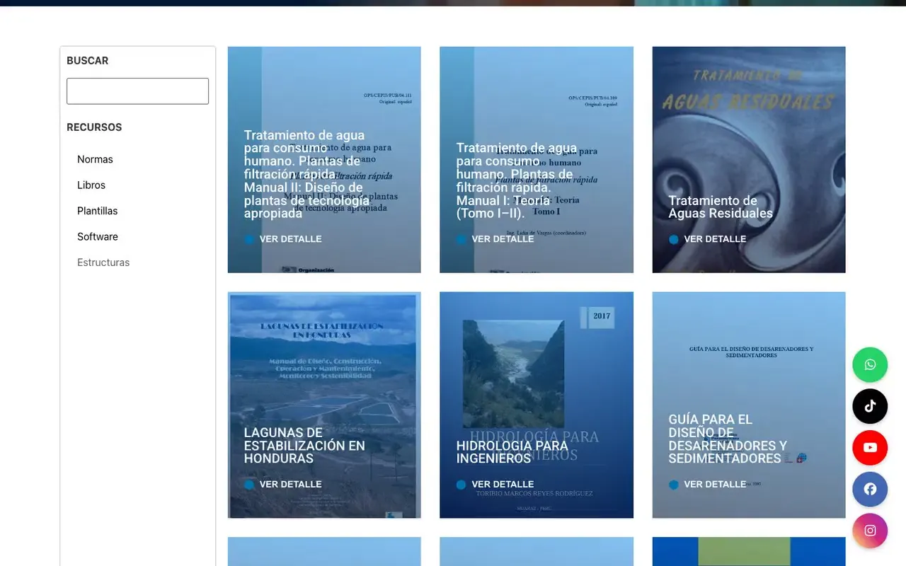 Biblioteca de recursos con buscador y categorías de normas, libros, plantillas y software, con fichas de manuales técnicos