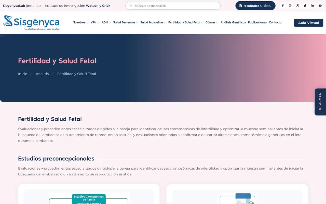 Página del área Fertilidad y Salud Fetal de Sisgenyca con su descripción y los estudios preconcepcionales