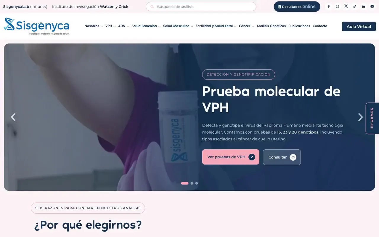 Página de la web de un laboratorio clínico con cotización de análisis en línea por área y prueba