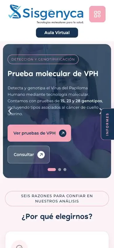 La web de Sisgenyca en un celular con su menú de análisis y acceso a informes