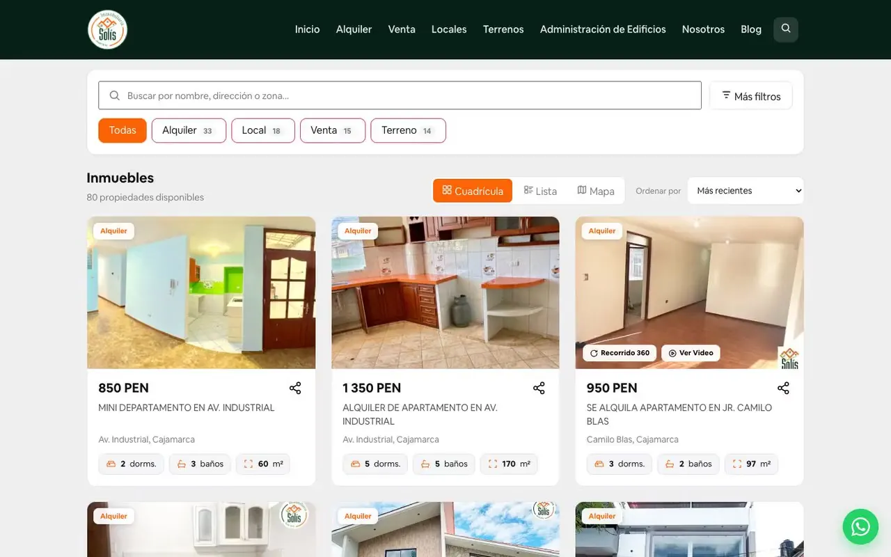 Buscador de propiedades con filtros por tipo, distrito, precio, dormitorios y área en una web inmobiliaria