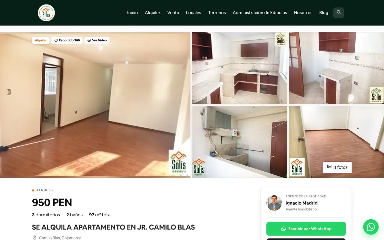 Ficha de un departamento en alquiler con galería de fotos, recorrido 360, precio, metraje y el agente con botón de WhatsApp