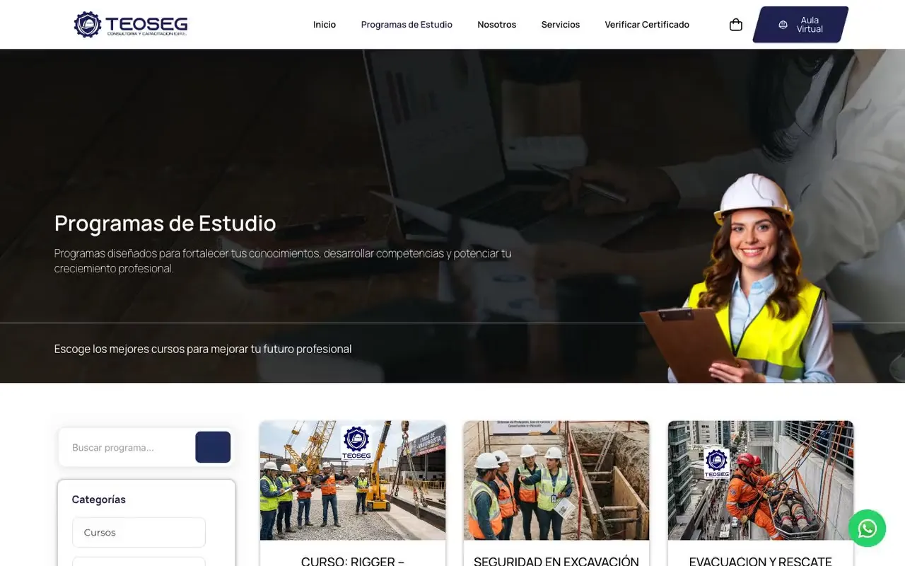 Página de programas de estudio de una consultora de seguridad, con buscador, categorías y tarjetas de cursos