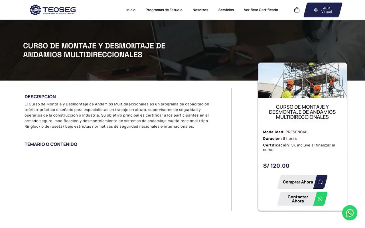 Ficha de un curso de montaje de andamios con descripción, modalidad, precio y botones de compra y contacto