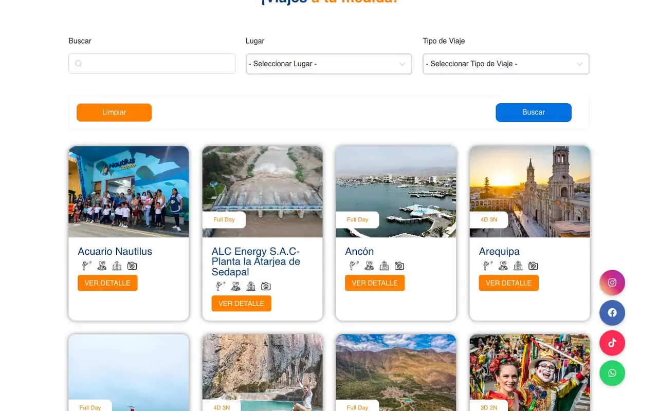 Catálogo de tours de una agencia de viajes con buscador y filtros por lugar y tipo de viaje