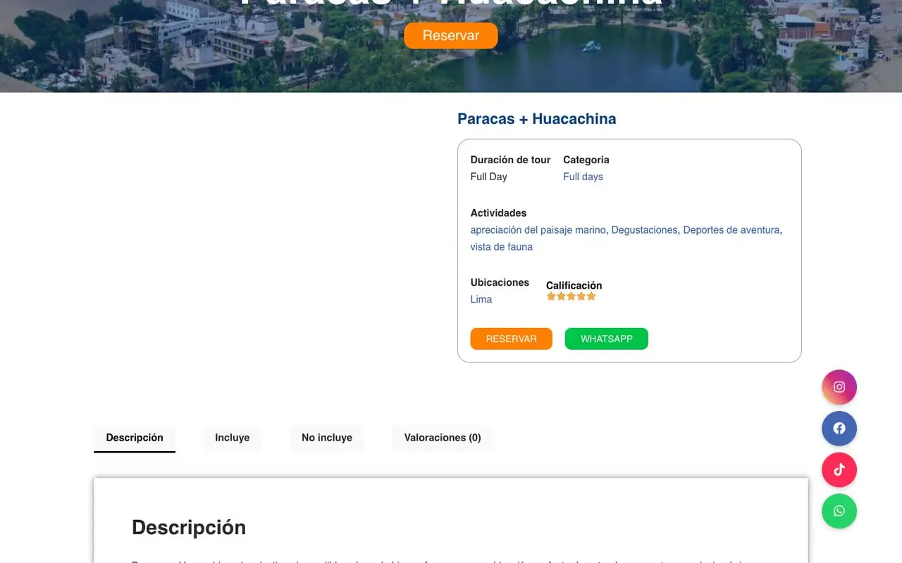 Ficha de tour con los botones «Reservar» y «WhatsApp» uno al lado del otro