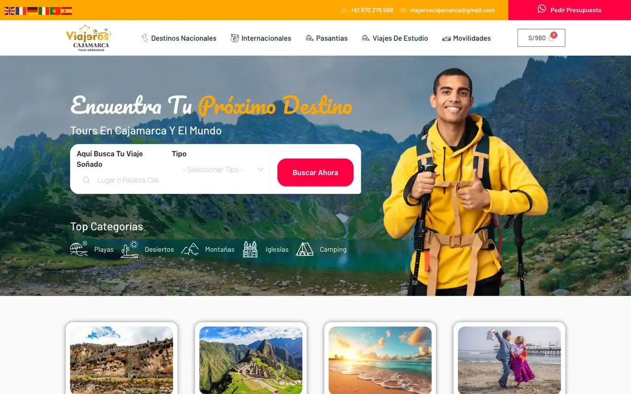 Web de agencia de viajes con banderas para cambiar de idioma en la franja superior