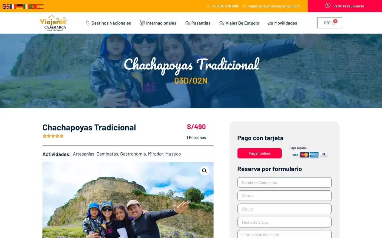 Checkout de una agencia de viajes con datos de la reserva y pago con tarjeta por Mercado Pago