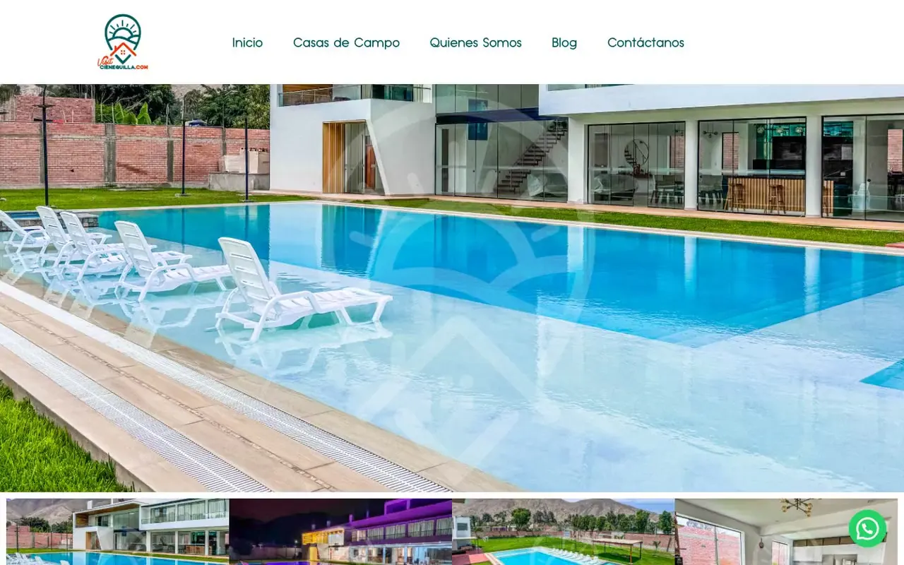 Ficha de una casa de campo con galería de fotos, servicios y formulario de reserva con fecha y número de noches