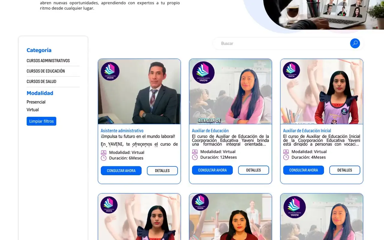Catálogo de cursos con buscador que sugiere resultados con miniatura, filtros por categoría y modalidad y botón para limpiar filtros