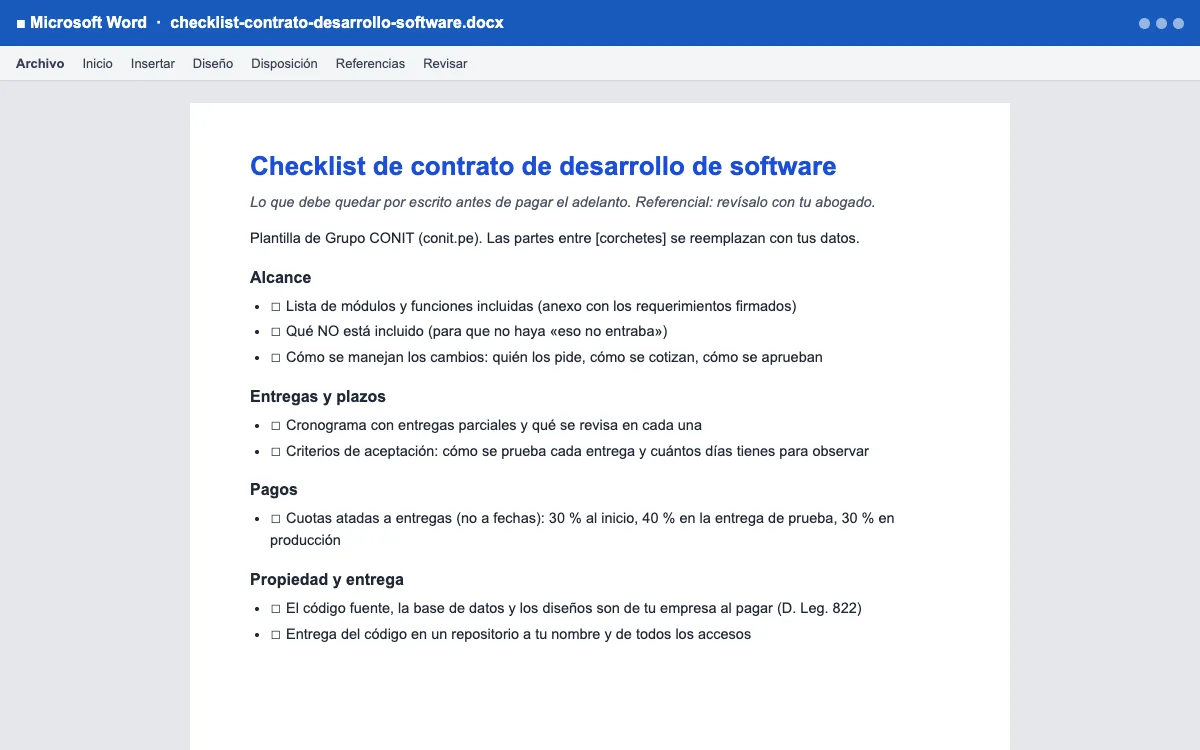 Vista previa de la plantilla Checklist de contrato de desarrollo de software en Word