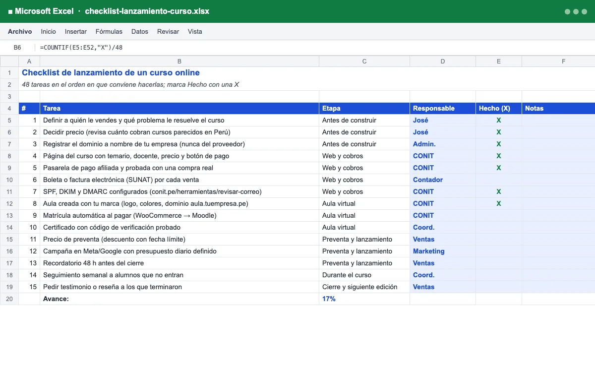 Vista previa de la plantilla Checklist de lanzamiento de un curso en Excel
