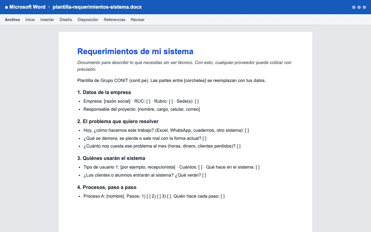 Vista previa de la plantilla Plantilla de requerimientos de un sistema en Word