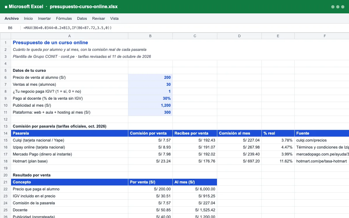 Vista previa de la plantilla Presupuesto de un curso online en Excel